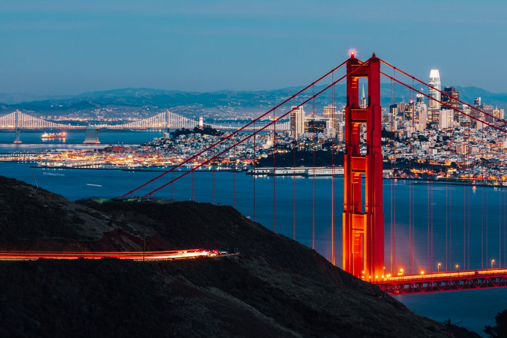 Golden Gate Bridge and San Francisco at blue hour, photographed by Sheng Li